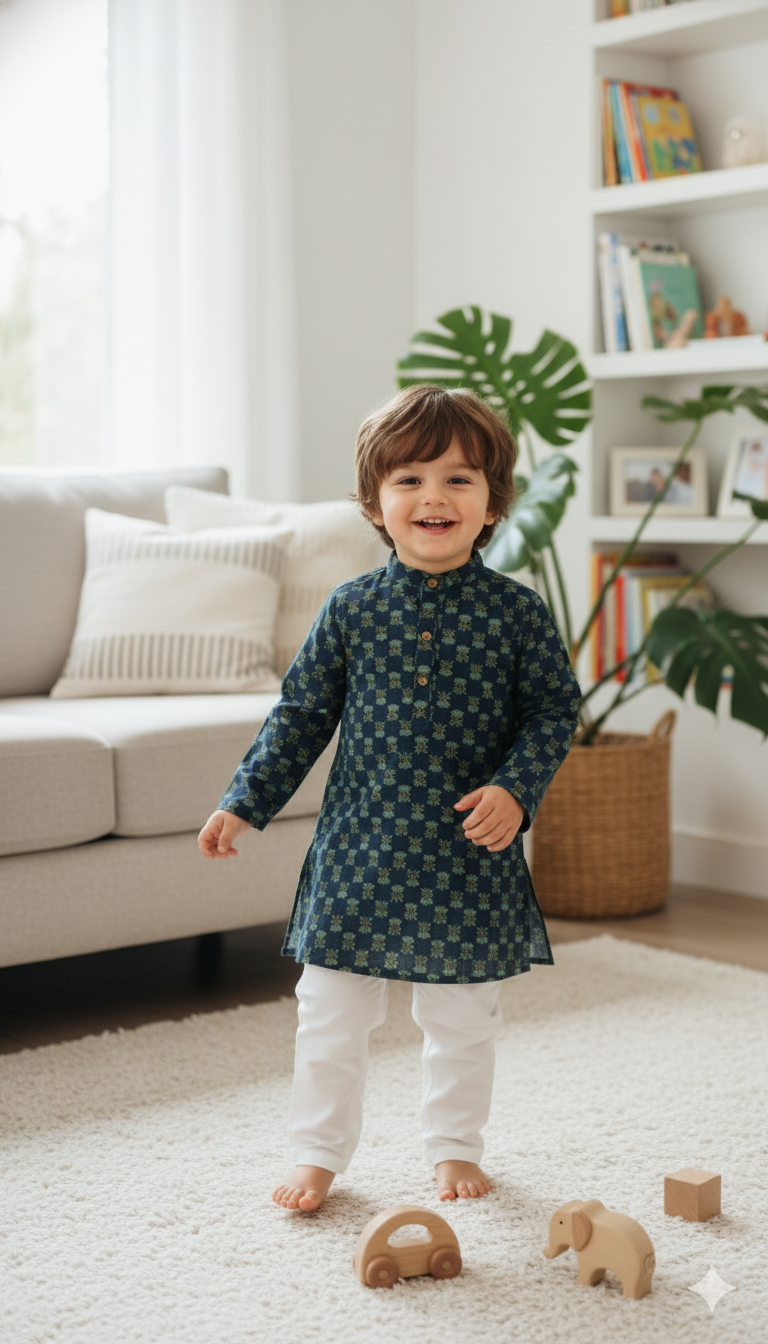 Boys Floral Print Kurta Pyjama Set – Traditional Ethnic Wear, 1 Set (Blue)