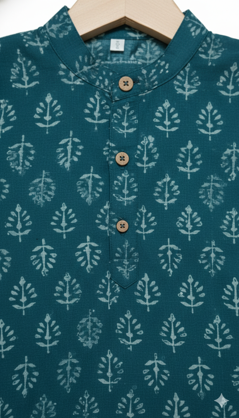 Boys Floral Print Kurta Pyjama Set – Traditional Ethnic Wear, 1 Set (Blue)