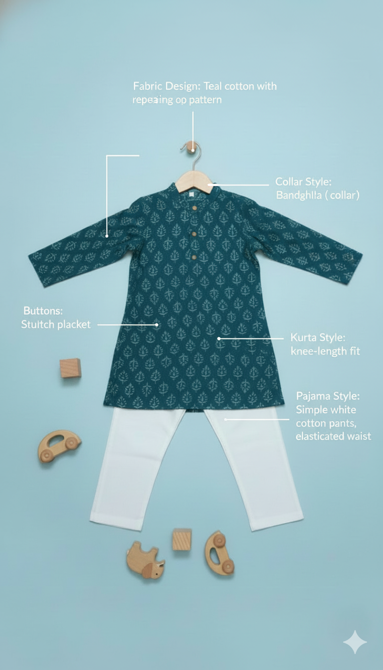 Boys Floral Print Kurta Pyjama Set – Traditional Ethnic Wear, 1 Set (Blue)