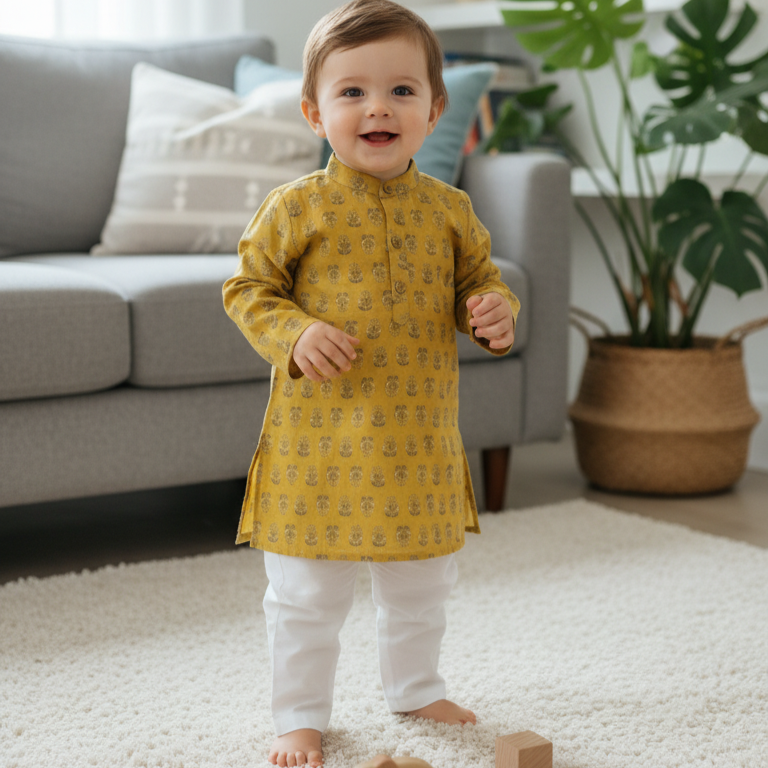 Boys Floral Print Kurta Pyjama Set – Traditional Ethnic Wear, 1 Set (YELLOW)