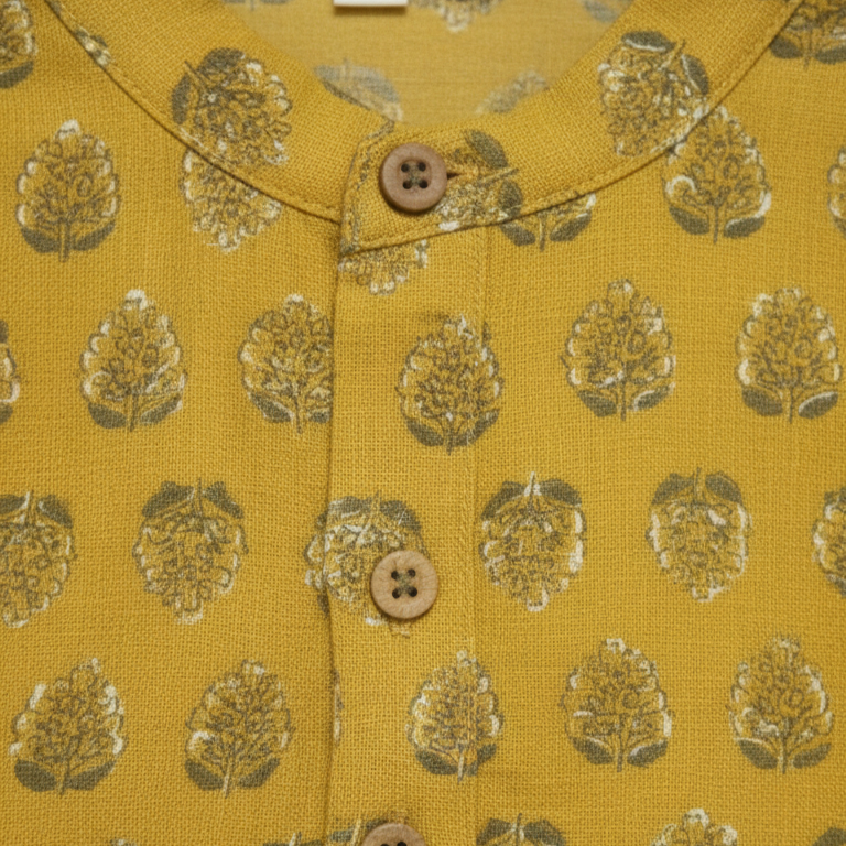 Boys Floral Print Kurta Pyjama Set – Traditional Ethnic Wear, 1 Set (YELLOW)