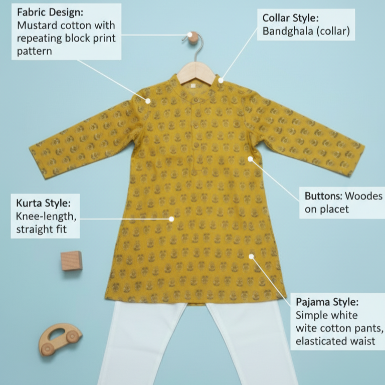 Boys Floral Print Kurta Pyjama Set – Traditional Ethnic Wear, 1 Set (YELLOW)