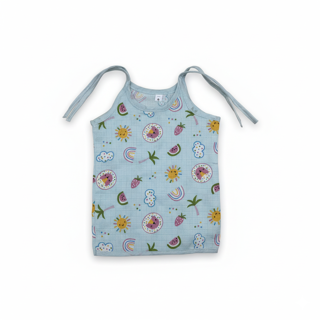 Fruity Fun Prints Round-Neck Sleeveless Tie knoted Muslin Jhablas 3 Pcs - Green, Multicolour