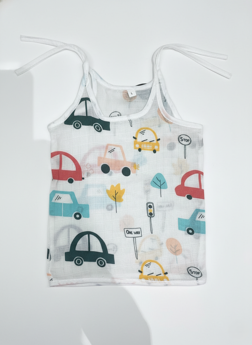 Car And Fruit Print V-Neck Sleeveless Tie-Knot Muslin Jhablas 3Pcs - White, Multicolour