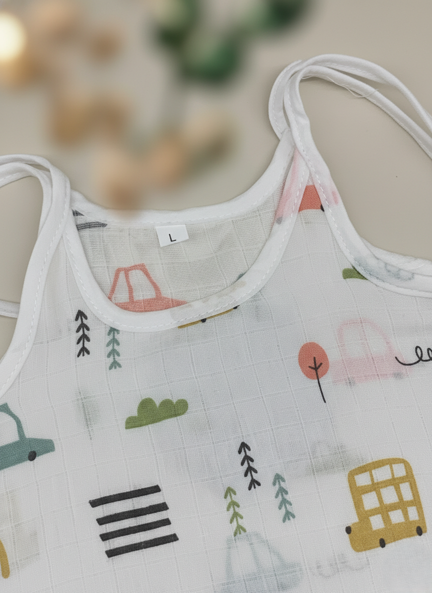 Car And Fruit Print V-Neck Sleeveless Tie-Knot Muslin Jhablas 3Pcs - White, Multicolour