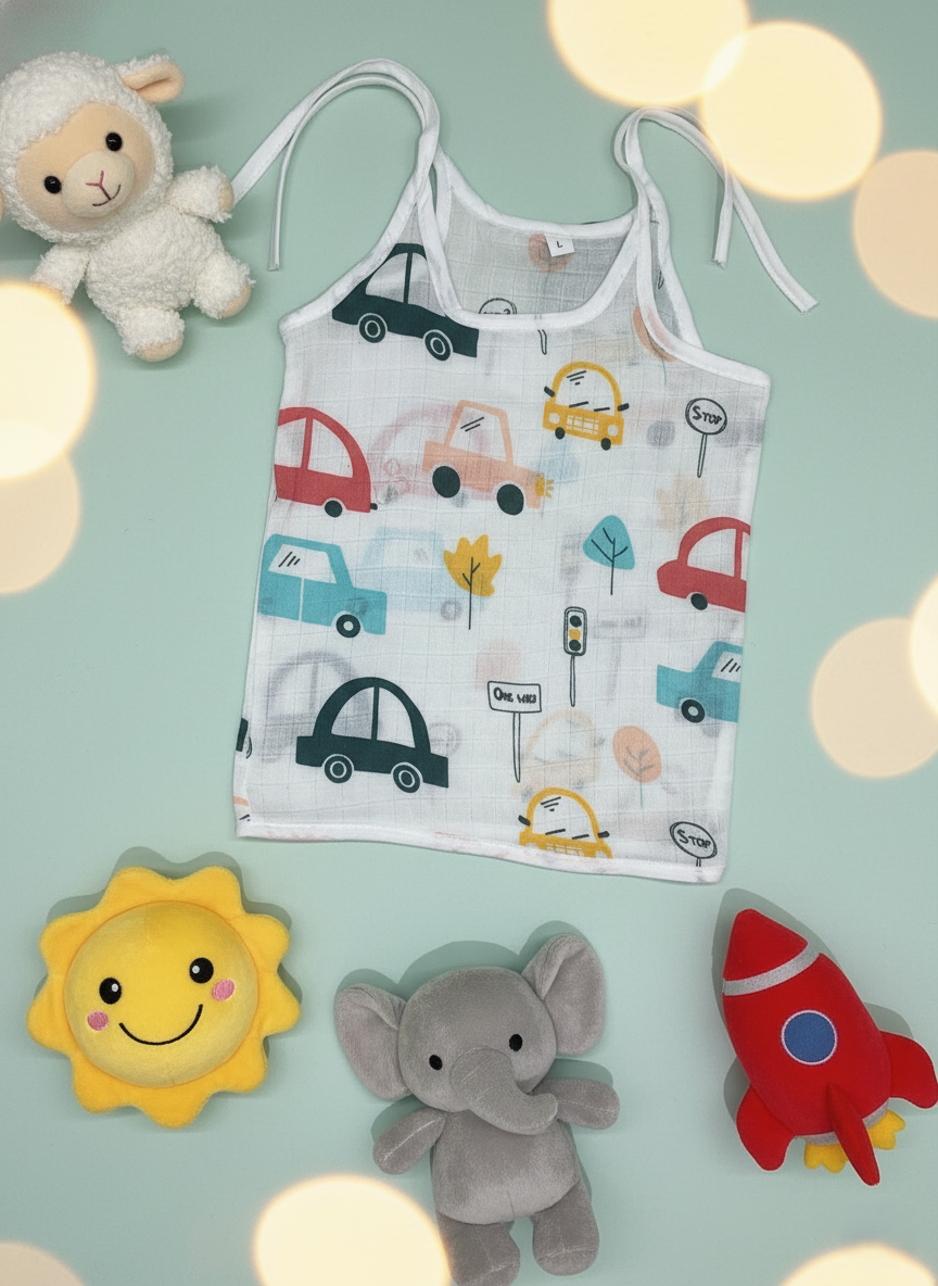 Car And Fruit Print V-Neck Sleeveless Tie-Knot Muslin Jhablas 3Pcs - White, Multicolour