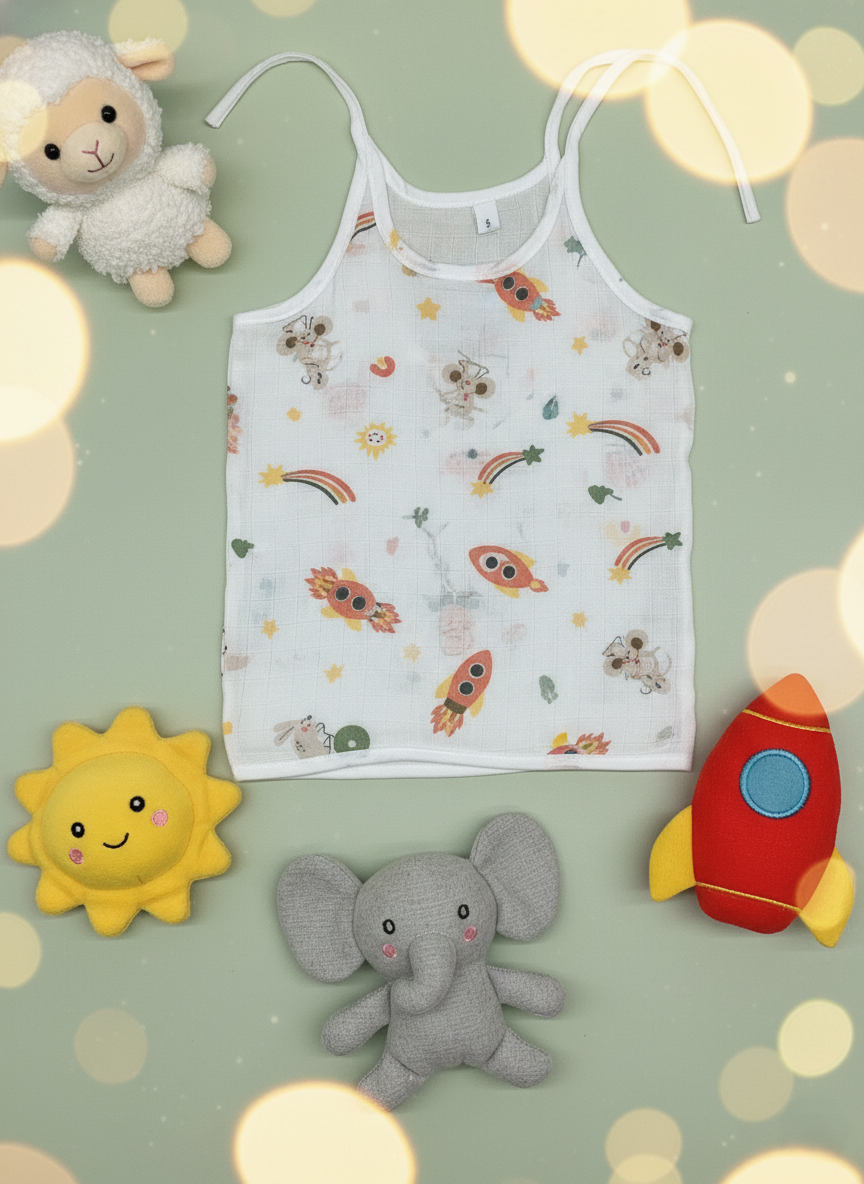 Car And Fruit Print V-Neck Sleeveless Tie-Knot Muslin Jhablas 3Pcs - White, Multicolour