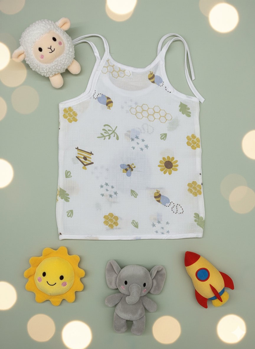 Car And Fruit Print V-Neck Sleeveless Tie-Knot Muslin Jhablas 3Pcs - White, Multicolour