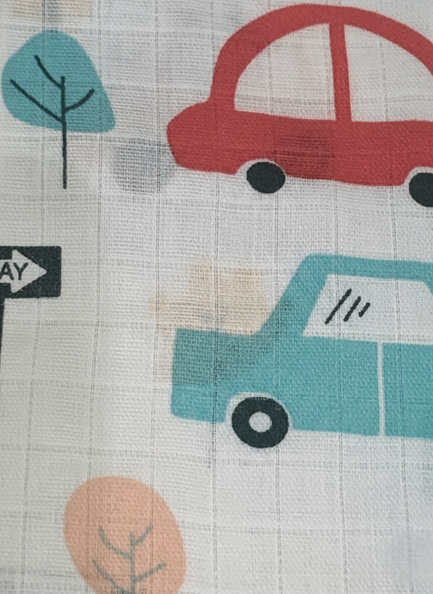 Car And Fruit Print V-Neck Sleeveless Tie-Knot Muslin Jhablas 3Pcs - White, Multicolour