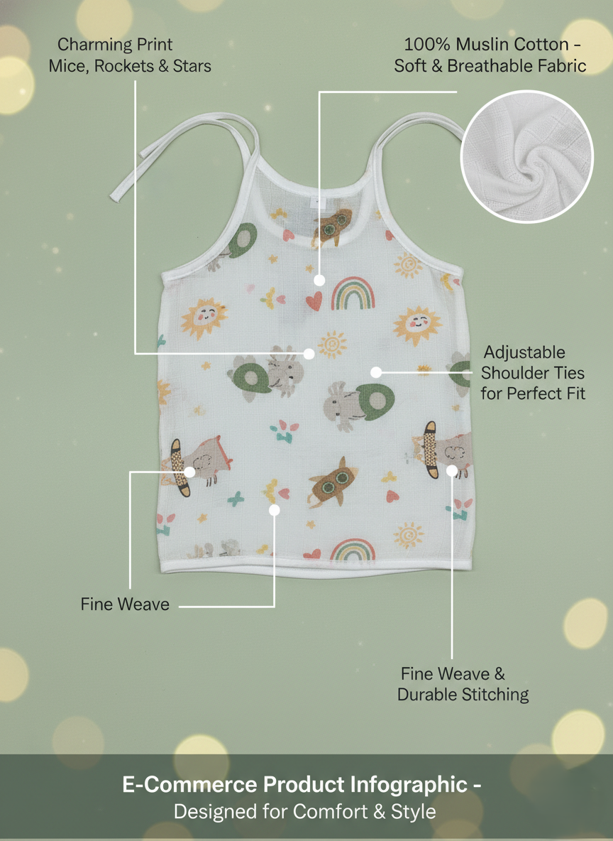 Car And Fruit Print V-Neck Sleeveless Tie-Knot Muslin Jhablas 3Pcs - White, Multicolour