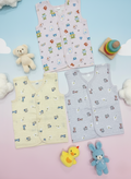 Fruity Fun Prints  V-Neck Sleeveless Front Opening Button Muslin Jhablas 3 Pcs - Blue/ Multicolour.