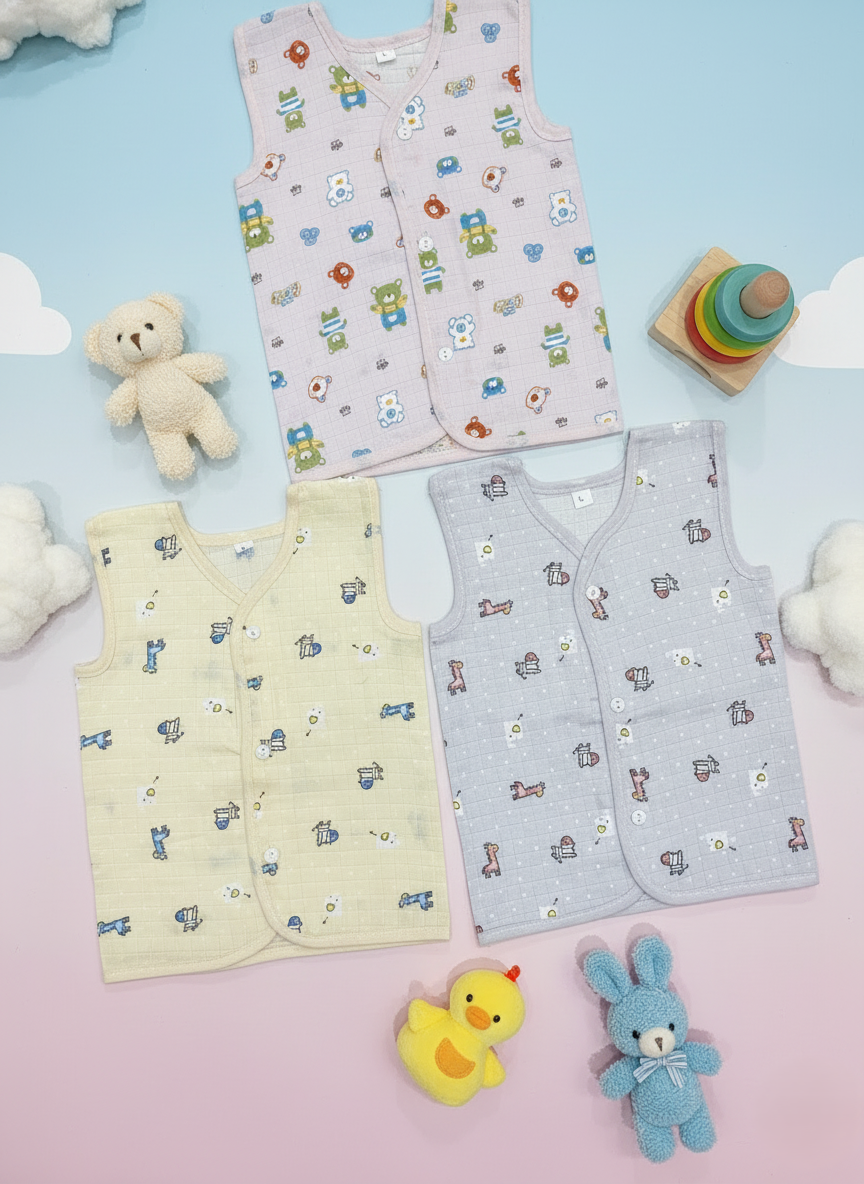 Fruity Fun Prints  V-Neck Sleeveless Front Opening Button Muslin Jhablas 3 Pcs - Blue/ Multicolour.