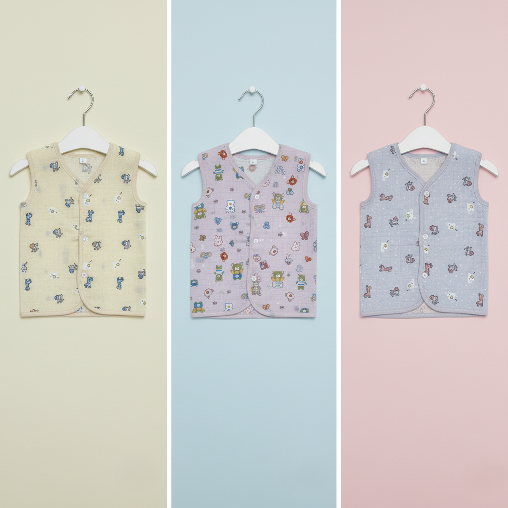 Fruity Fun Prints  V-Neck Sleeveless Front Opening Button Muslin Jhablas 3 Pcs - Blue/ Multicolour.