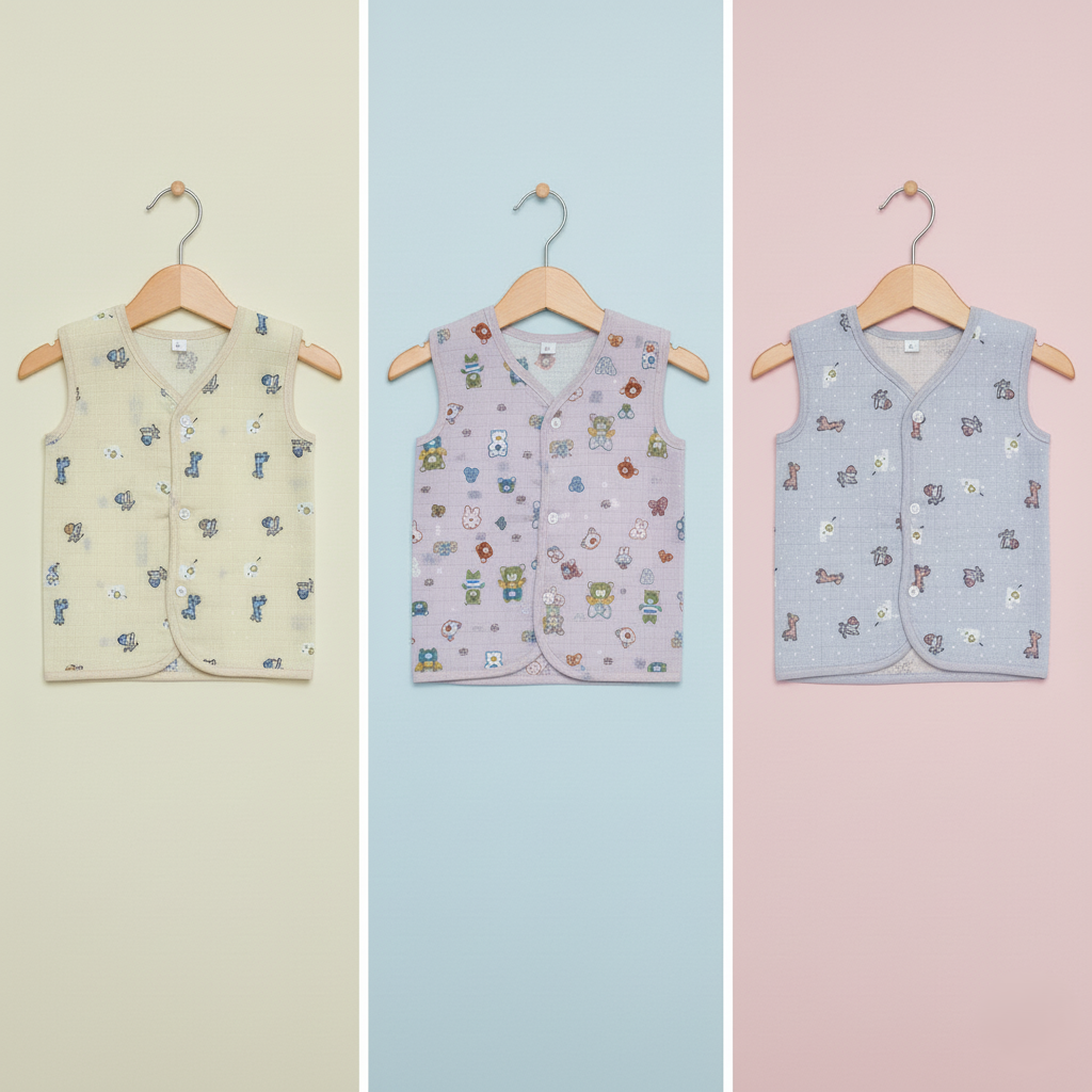 Fruity Fun Prints  V-Neck Sleeveless Front Opening Button Muslin Jhablas 3 Pcs - Blue/ Multicolour.