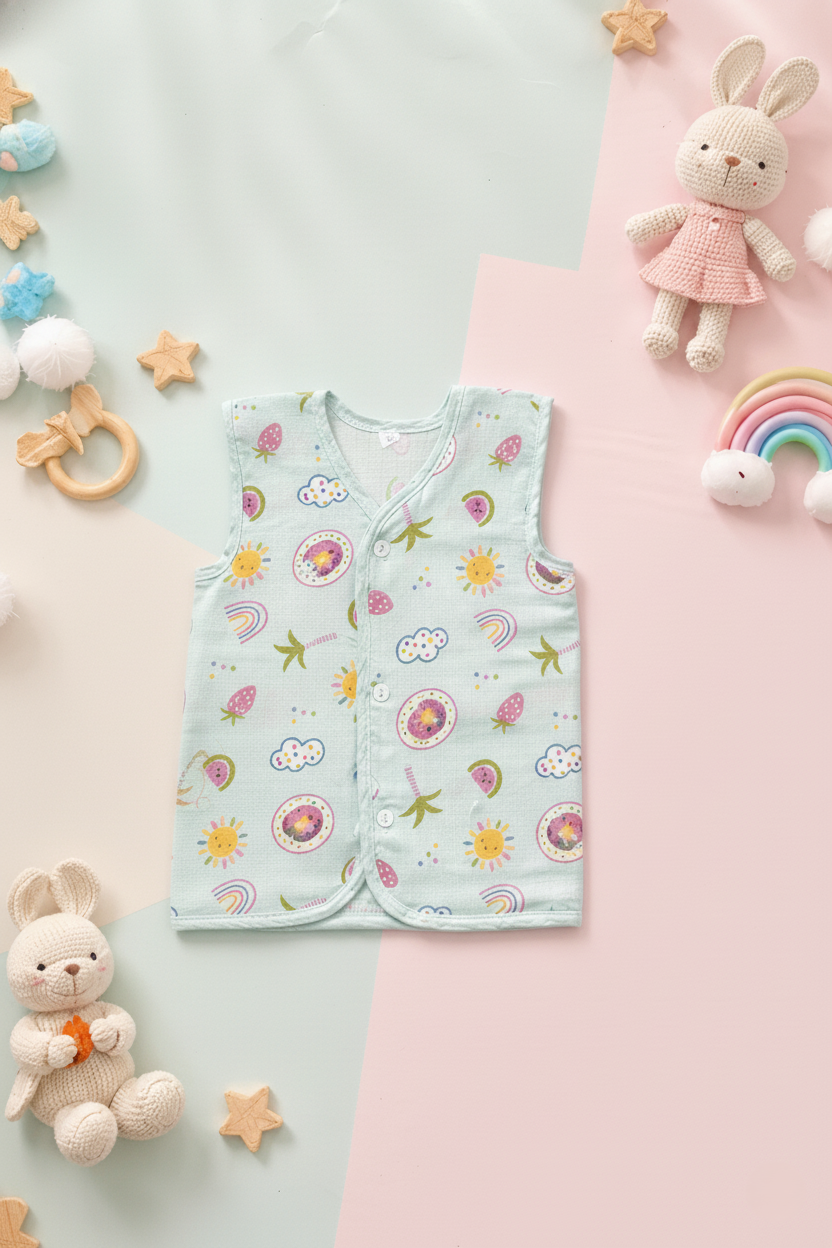 Toy And Stars Neck Sleeveless Front Opening Button Muslin Jhablas 3 Pcs - Blue, Multicolour