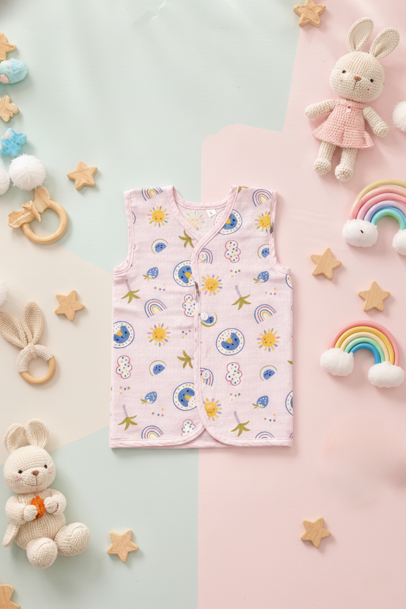 Toy And Stars Neck Sleeveless Front Opening Button Muslin Jhablas 3 Pcs - Blue, Multicolour