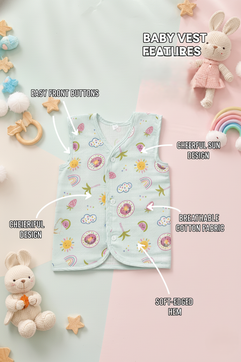 Toy And Stars Neck Sleeveless Front Opening Button Muslin Jhablas 3 Pcs - Blue, Multicolour