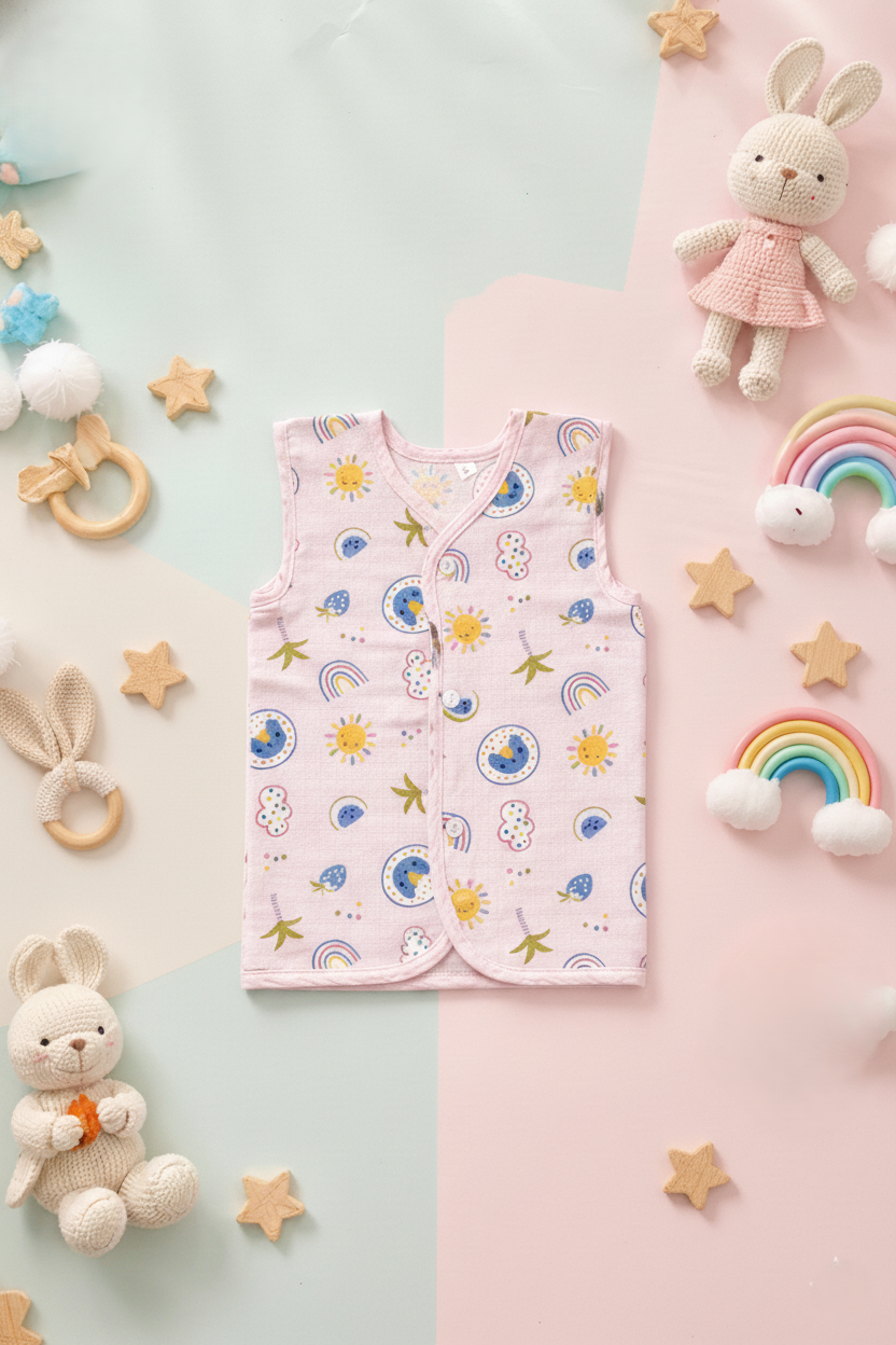 Toy And Stars Neck Sleeveless Front Opening Button Muslin Jhablas 3 Pcs - Blue, Multicolour