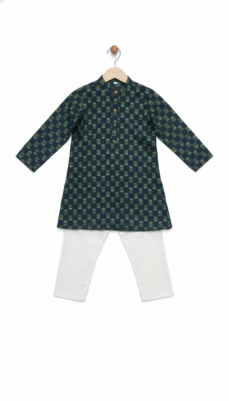 Boys Floral Print Kurta Pyjama Set – Traditional Ethnic Wear, 1 Set (GREEN)