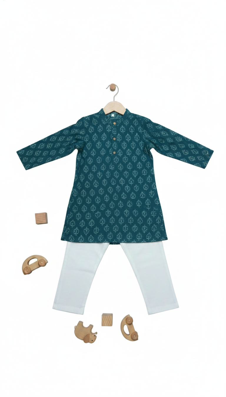 Boys Floral Print Kurta Pyjama Set – Traditional Ethnic Wear, 1 Set (Blue)