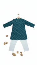 Boys Floral Print Kurta Pyjama Set – Traditional Ethnic Wear, 1 Set (Blue)