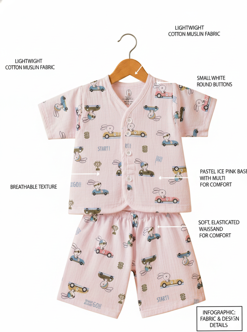 Bunny And car  V-Neck H/sleeve co-ord set  Muslin 1 set