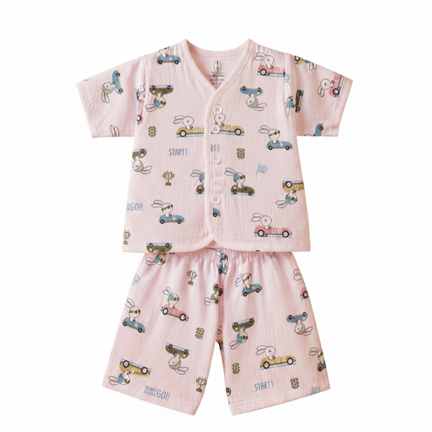 Bunny And car  V-Neck H/sleeve co-ord set  Muslin 1 set