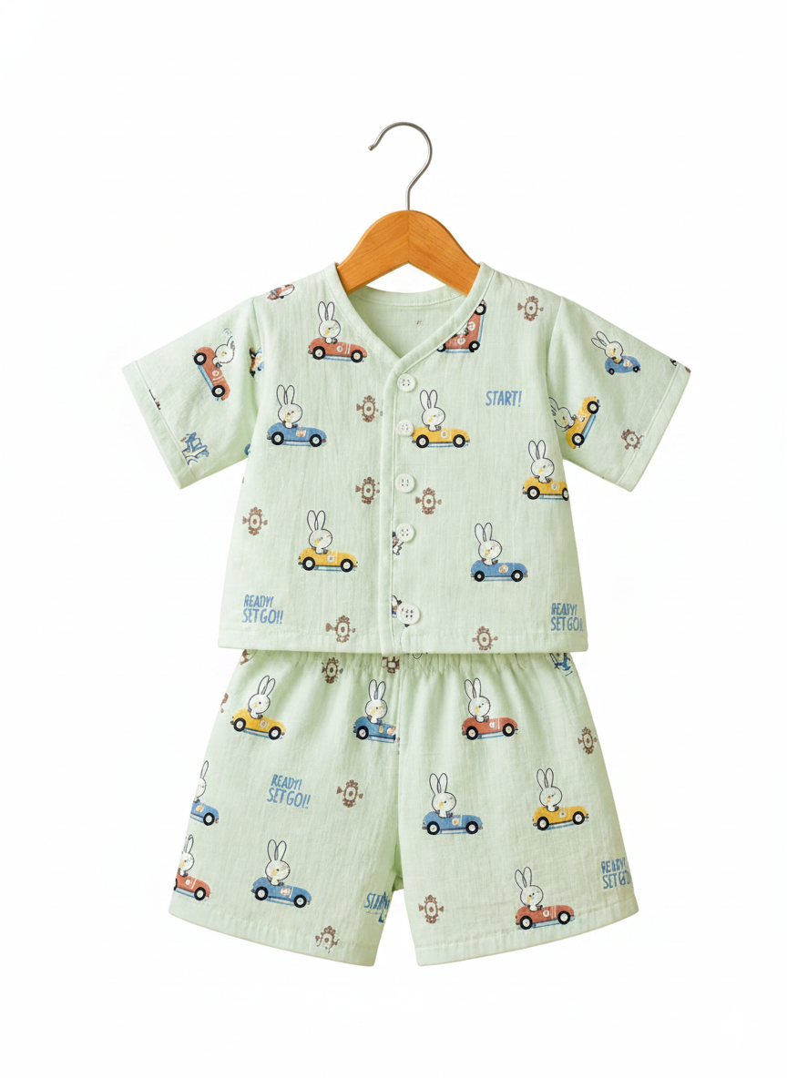 Bunny And car  V-Neck H/sleeve co-ord set  Muslin 1 set