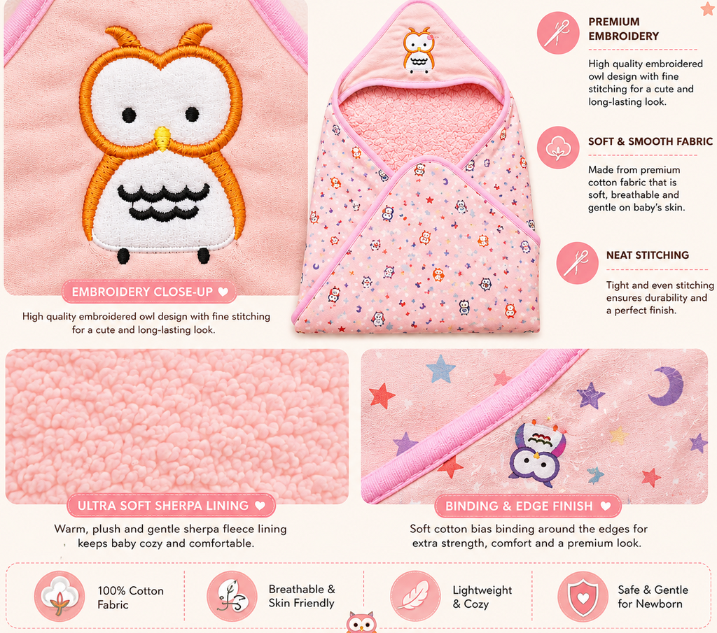 OWL 3D Absorbent Hooded blanket - PINK
