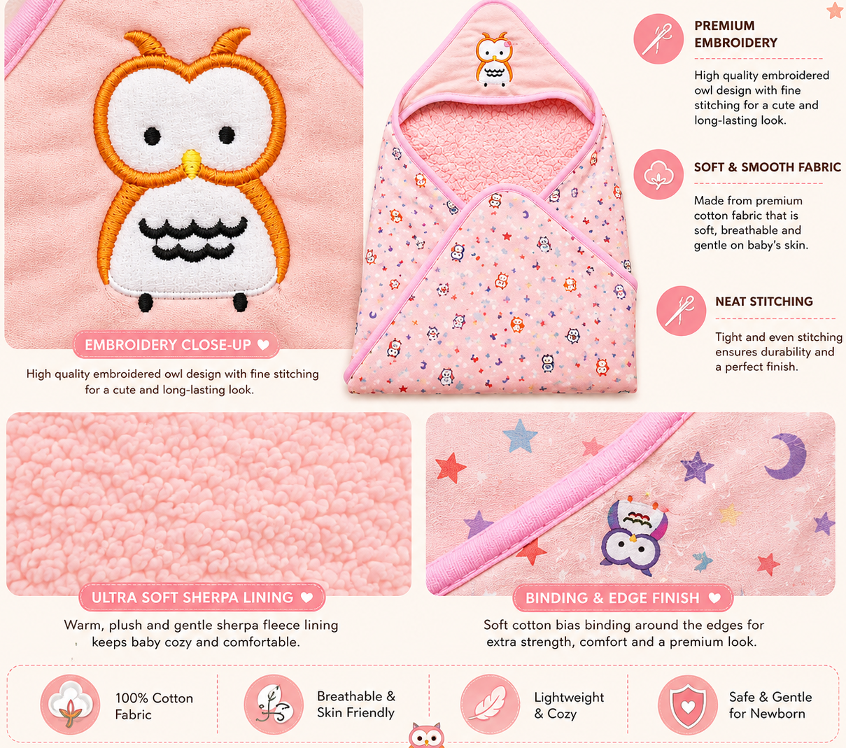 OWL 3D Absorbent Hooded blanket - PINK