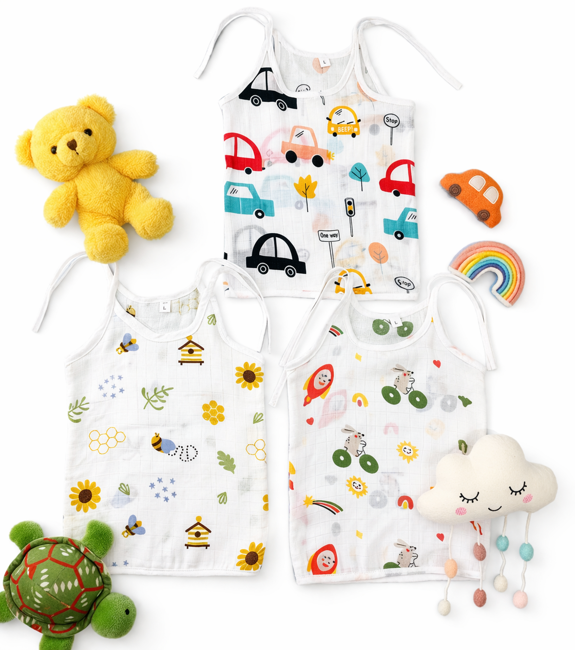 Car And Fruit Print V-Neck Sleeveless Tie-Knot Muslin Jhablas 3Pcs - White, Multicolour