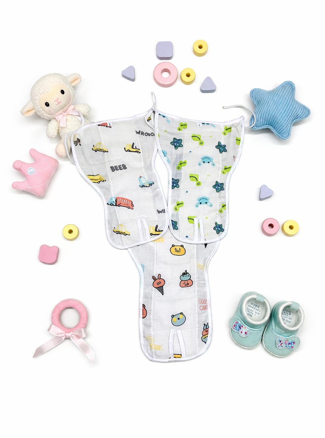 Car And Nature Theme Muslin Padded Nappy  3 Pcs - White , Multicolour
