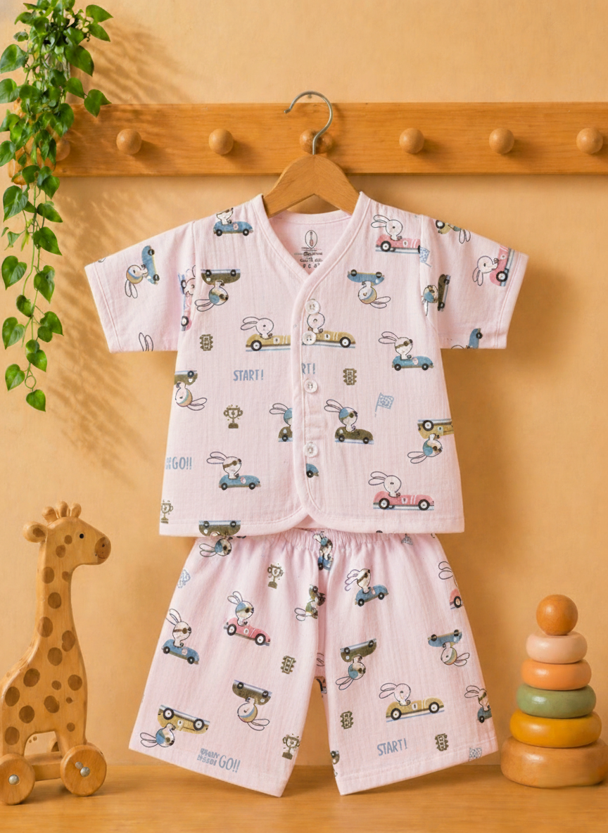 Bunny And car  V-Neck H/sleeve co-ord set  Muslin 1 set